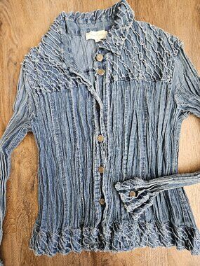 crinkle ruffle denim vintage indigo women's Great Cavalier shirt sz large cotton